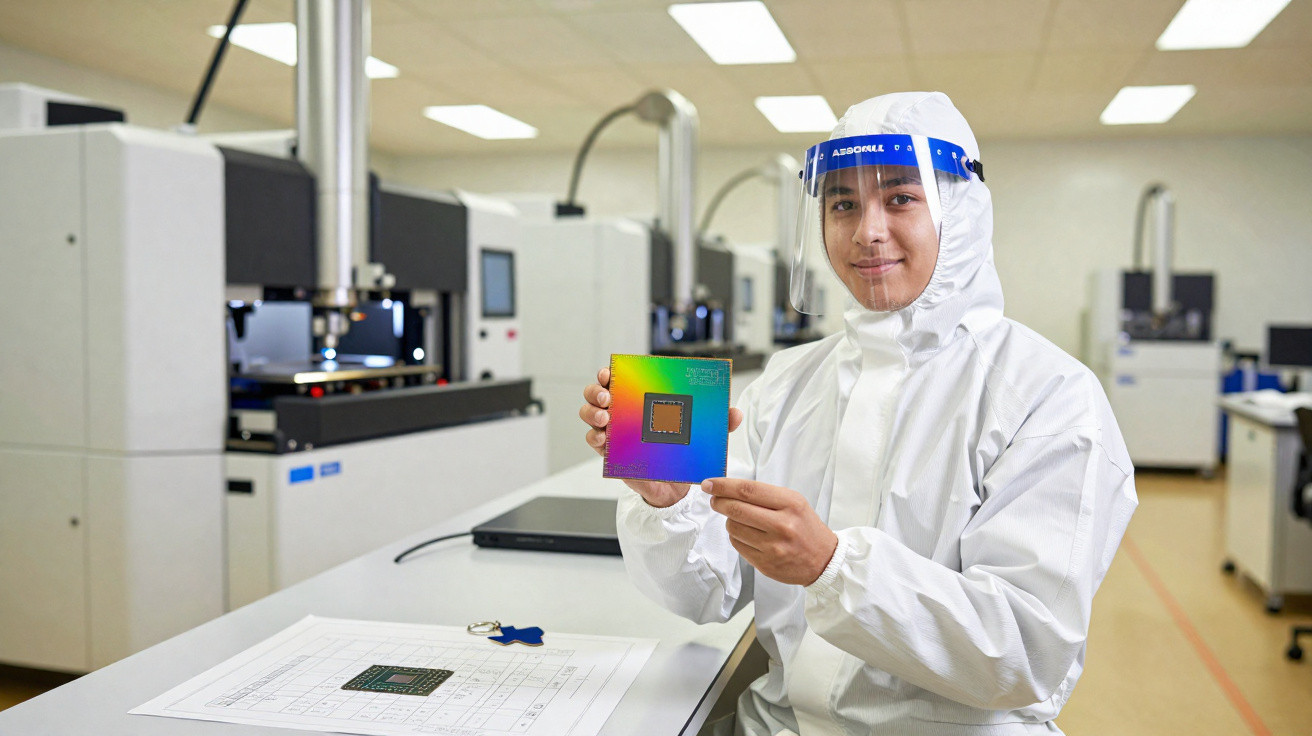 Fachperson in Schutzkleidung hält einen bunten Computerchip in einem Labor mit technischen Geräten.
