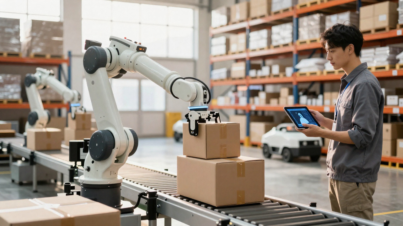 Mann überwacht in Lager mit Tablet Roboterarm, der Kartons auf Förderband hievt, Regale voll mit Paketen.