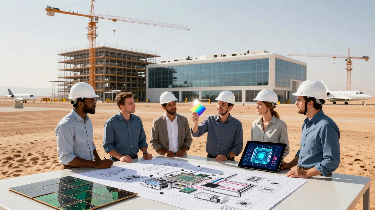 Ingenieure mit Helmen besprechen Baupläne und elektronische Schaltkreise auf einer Baustelle in der Wüste.
