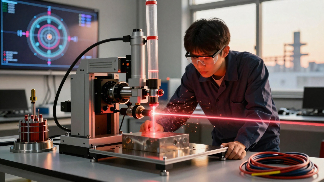 Wissenschaftlerin bedient präzise Laseranlage für Metallbearbeitung im Labor mit Sicherheitsschutzbrille.