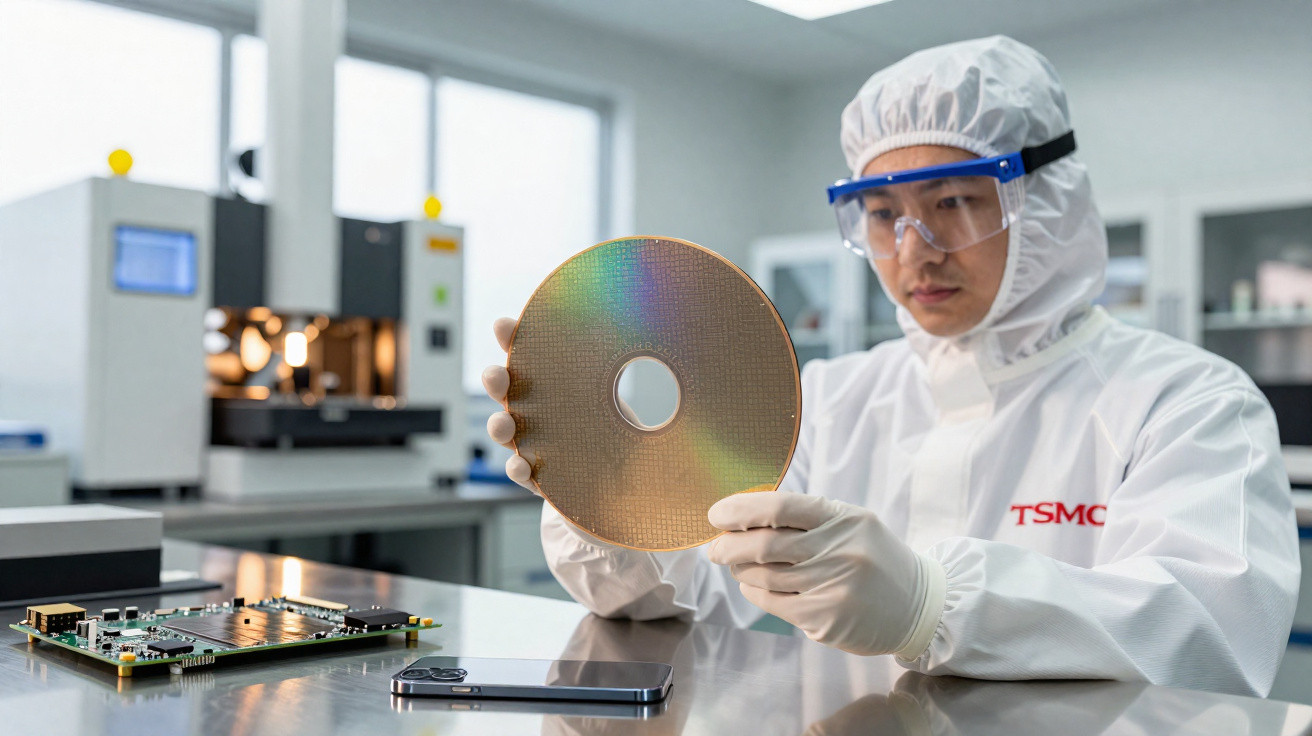 Laborant im Reinraumanzug hält Siliziumwafer, daneben liegen Smartphone und Leiterplatte auf Tisch im Labor.