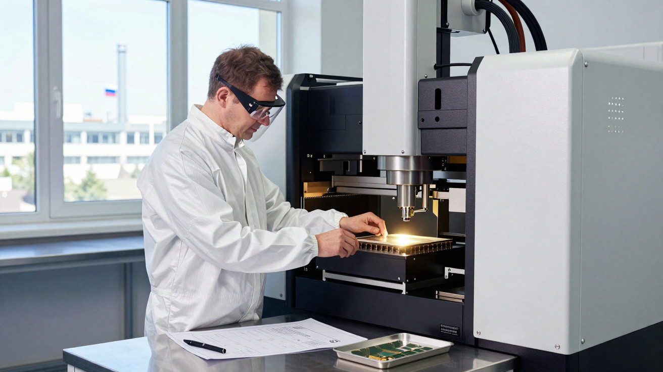 Forscher im Labor bedient Hightech-Maschine für Materialprüfung mit Schutzbrille und Laborjacke.