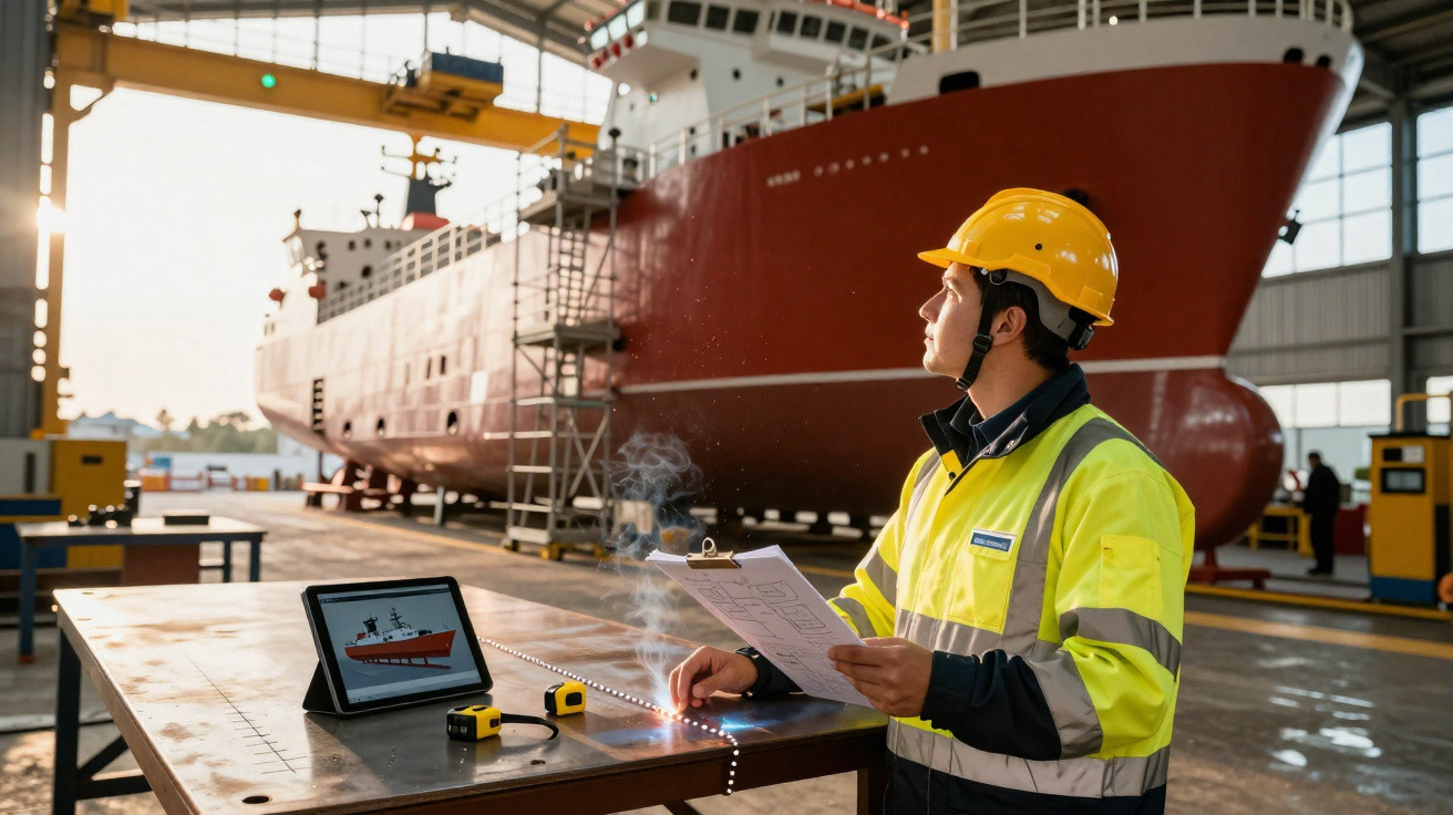 Mann mit Schutzhelm und Sicherheitsjacke prüft mit Dokument und Tablet ein Schiff im Werftbetrieb.