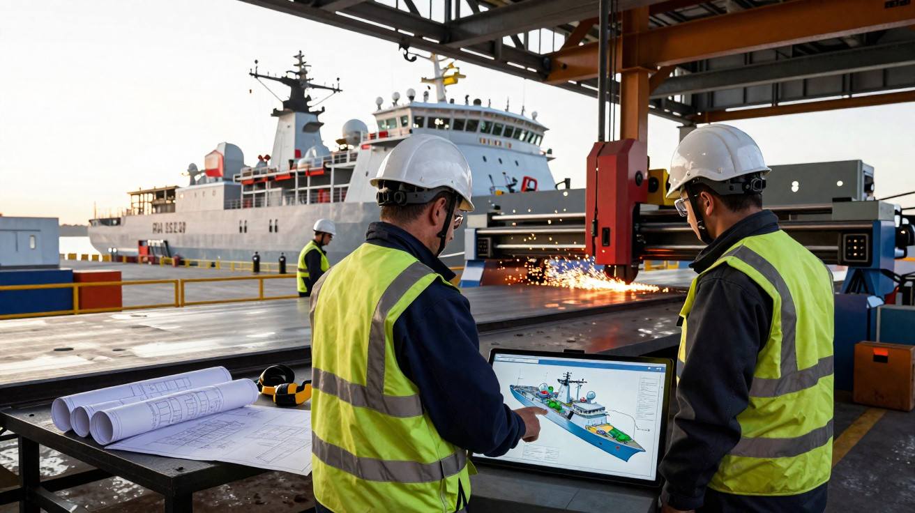 Zwei Arbeiter mit Helmen prüfen Schiffsentwürfe auf Bildschirm vor Werft mit passendem Schiff im Hintergrund.