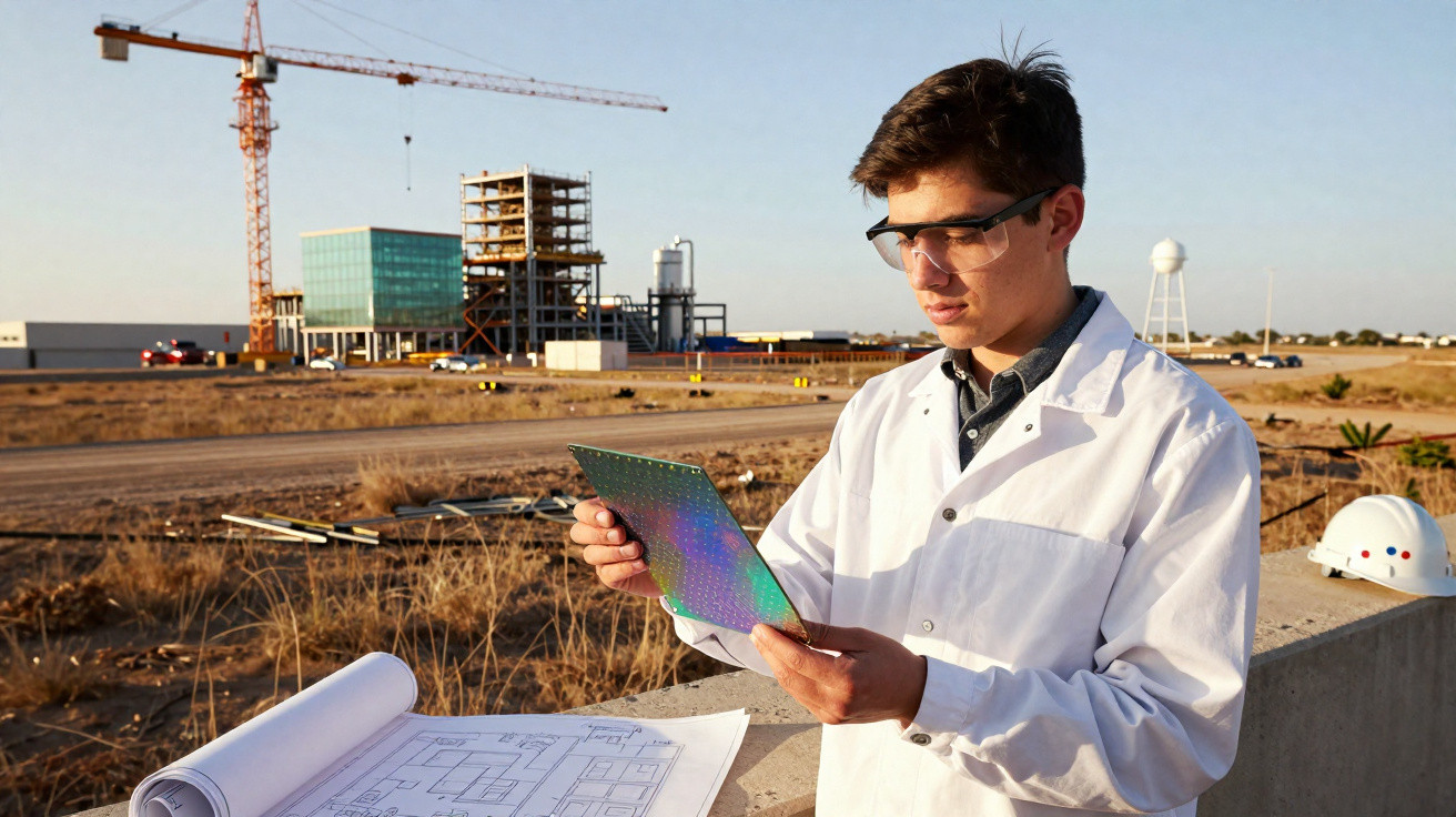 Ingenieur überprüft elektronische Platine auf Baustelle mit Kran und Bauplänen bei Sonnenuntergang.