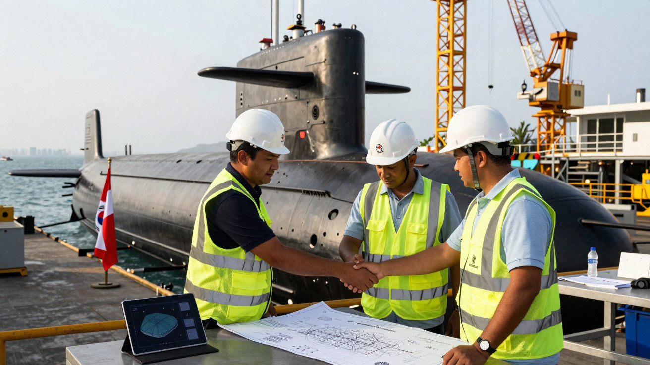 Drei Ingenieure mit Schutzhelmen und Warnwesten besprechen Baupläne an einem Hafen vor einem U-Boot.