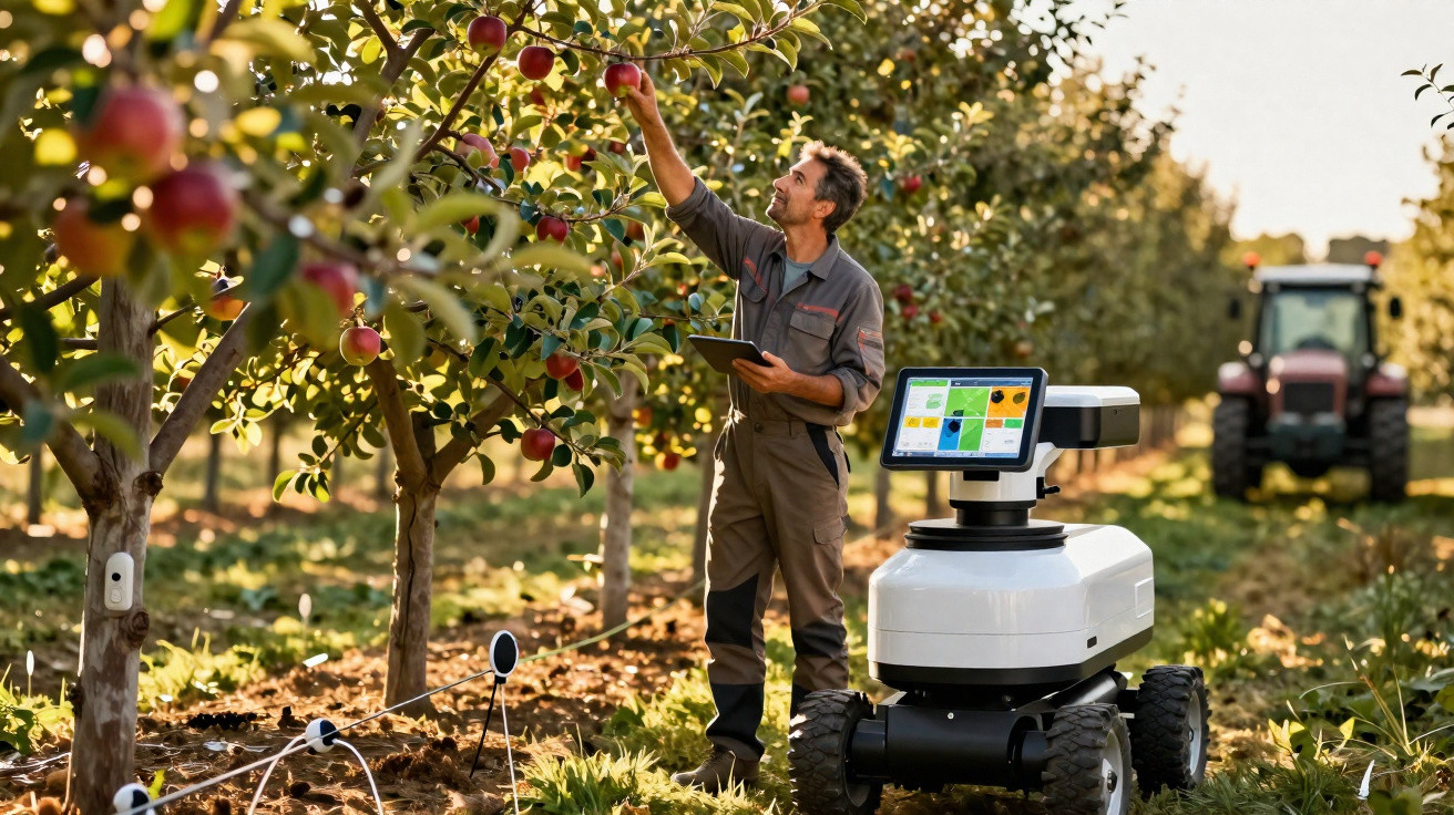 Landwirt mit Tablet erntet Äpfel in Obstgarten neben autonomem Erntemaschine und Traktor im Hintergrund.