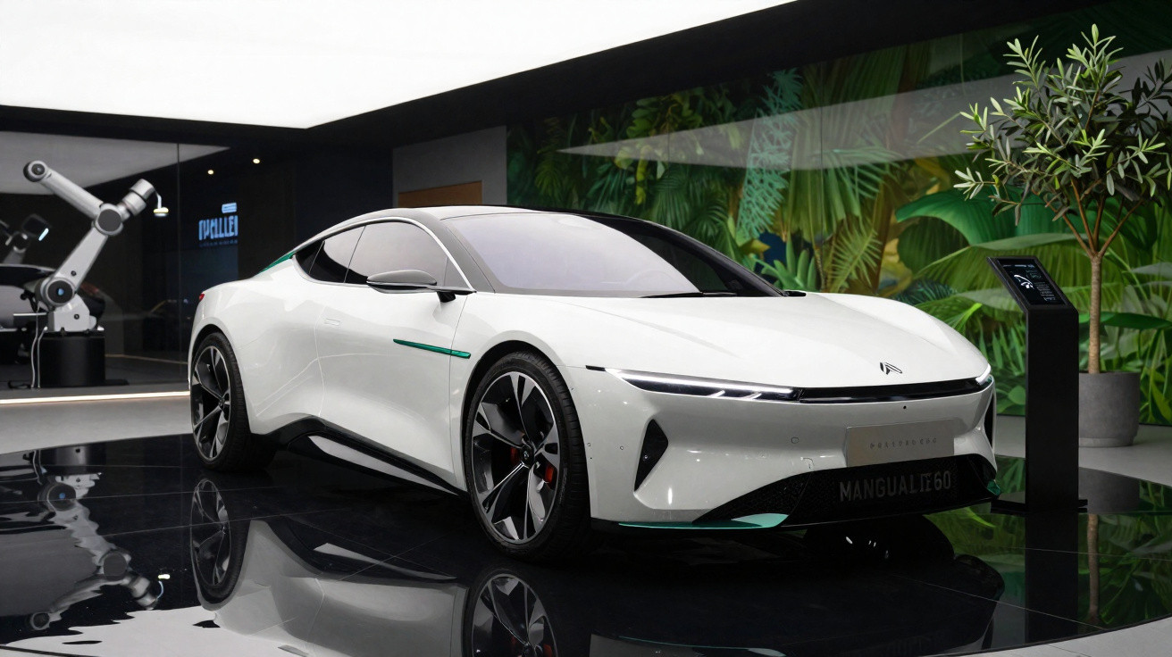 Weisses Elektro-Sportcoupé mit schlankem Design in modernem Showroom mit Pflanzen und Roboterarm im Hintergrund.