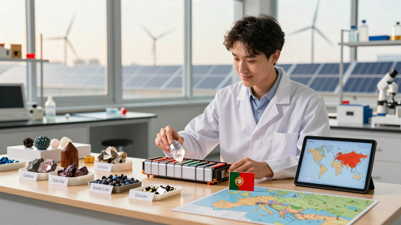 Junger Wissenschaftler untersucht Materialien im Labor mit Weltkarte, Solarzellen und Windrädern im Hintergrund.