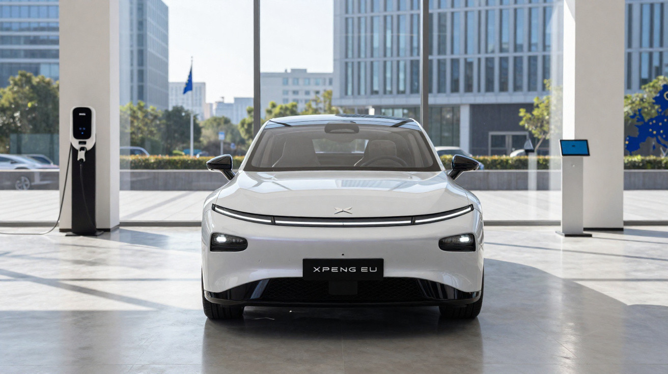 Weisses Elektroauto Xpeng EU steht in modernem Showroom mit Ladestation.