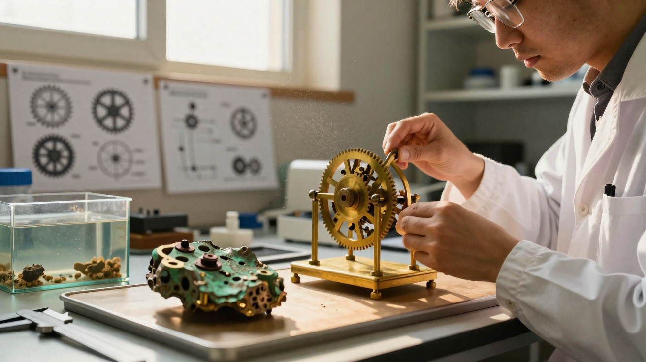 Techniker repariert präzise ein mechanisches Zahnradgetriebe in einem gut beleuchteten Labor.