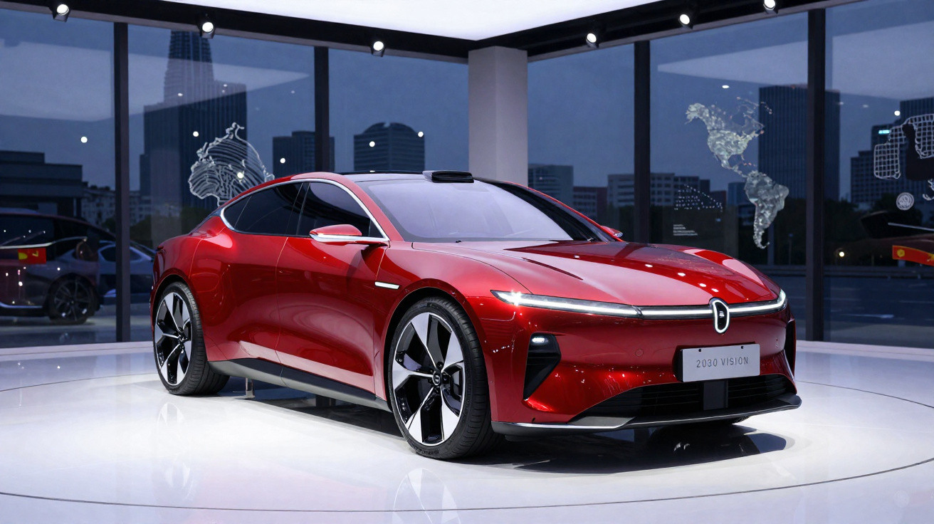 Rotes Elektroauto mit futuristischem Design steht in modernem, beleuchtetem Showroom mit Stadtblick.