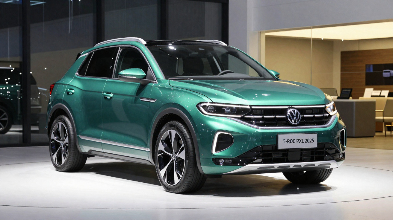 Grüner Volkswagen T-Roc PXL 2025 SUV in Ausstellungshalle, moderner Flair und glänzende Oberfläche.