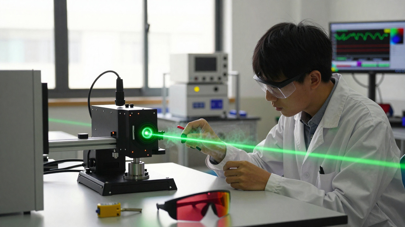 Forscher im Labor untersucht grünen Laserstrahl auf technischem Gerät, trägt Schutzbrille und weissen Kittel.
