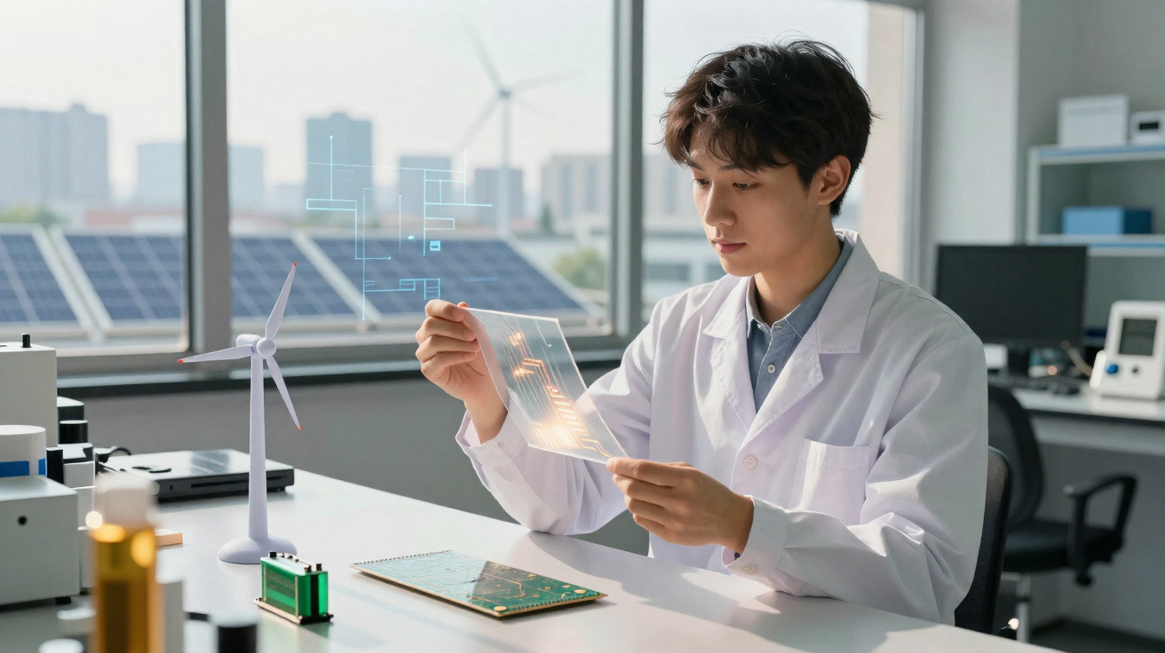 Junger Wissenschaftler im Labor untersucht transparentes elektronisches Bauteil vor Solarzellen und Windrad.