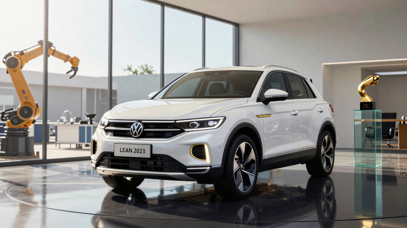 Weisser Volkswagen LEAN 2023 SUV in modernem Showroom mit Auszeichnung und Industrieroboter im Hintergrund.