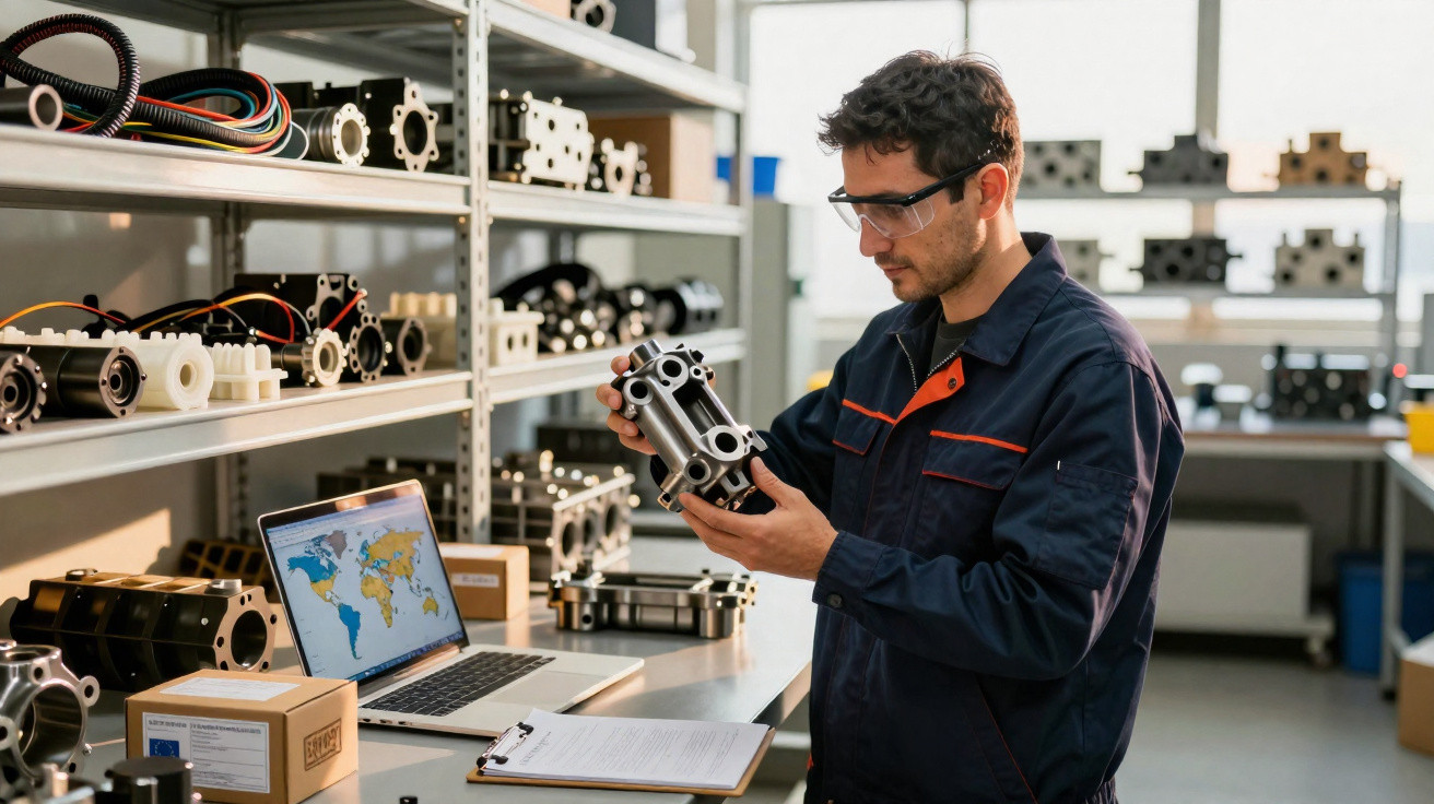 Mann prüft Metallbauteil in Werkstatt mit Laptop und technischen Zeichnungen auf dem Tisch.