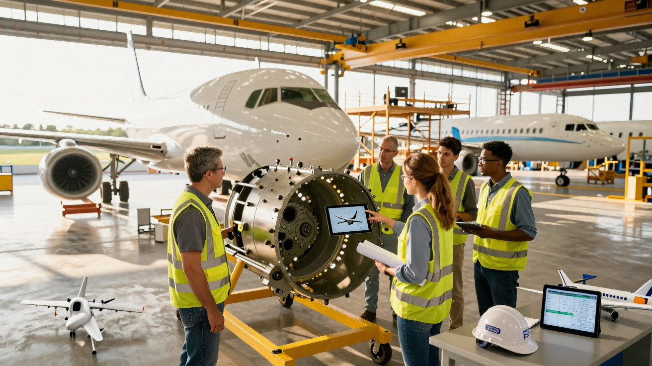 Ein Team von Luftfahrtexperten mit Warnwesten bespricht Motorwartung vor Flugzeugen in einer Hangar-Werkstatt.