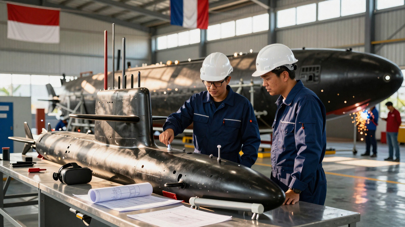 Zwei Techniker prüfen ein Modell-U-Boot in Werkstatt, im Hintergrund ein grosses Flugzeug im Hangar.