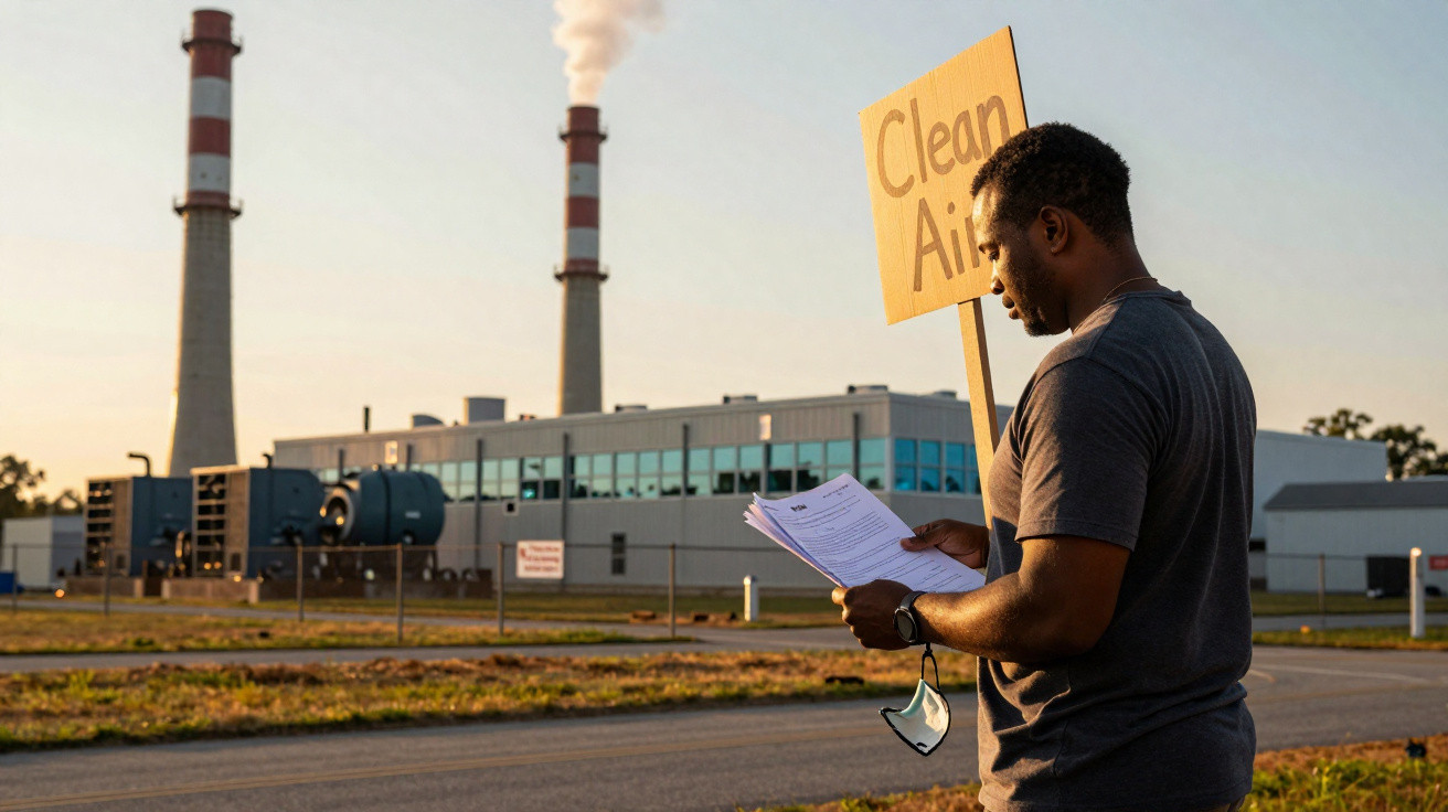 Mann mit "Clean Air"-Schild schaut Dokumente vor einer Industrieanlage mit rauchenden Schornsteinen.