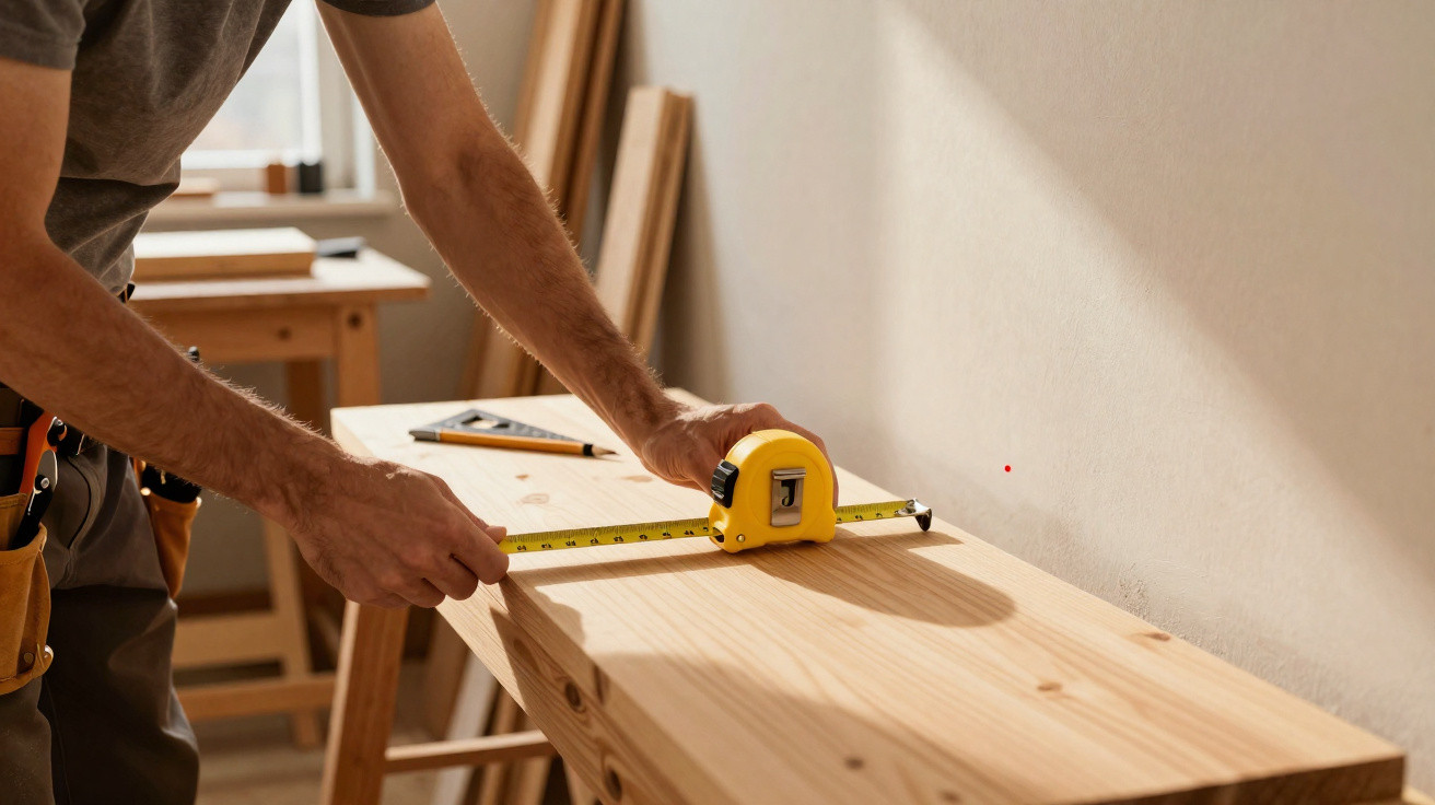 Person misst mit gelbem Massband ein Holzbrett in einer hellen Werkstatt.