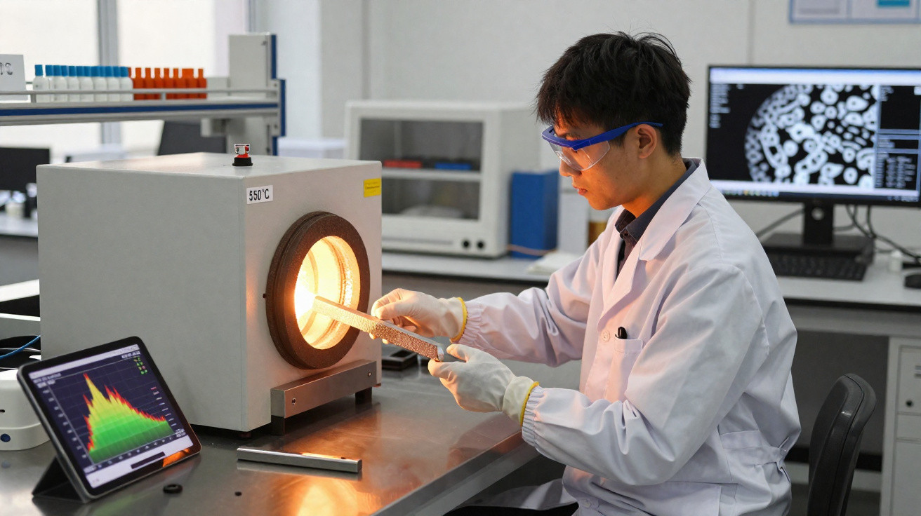 Wissenschaftler in Schutzbrille und Handschuhen arbeitet mit Ofen bei 590°C im Labor, Tablet zeigt Diagramm.