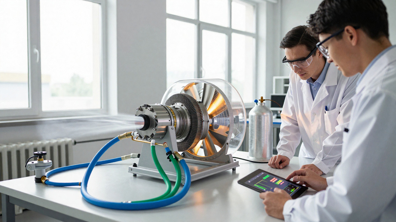 Zwei Wissenschaftler in Laborkitteln prüfen Turbinenmodell und analysieren Daten auf Tablet im Labor.
