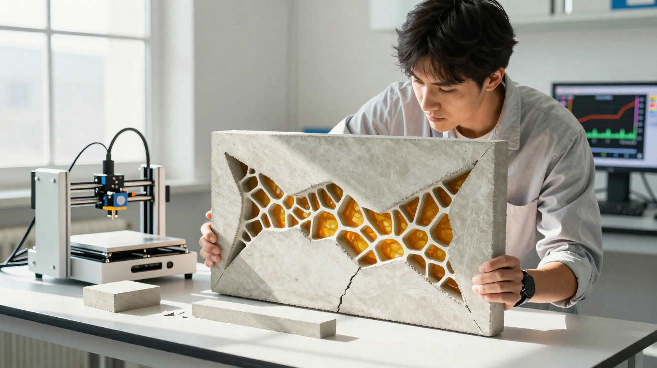 Mann untersucht moderne Betonplatte mit bienenwabenartiger Struktur neben 3D-Drucker im Labor.