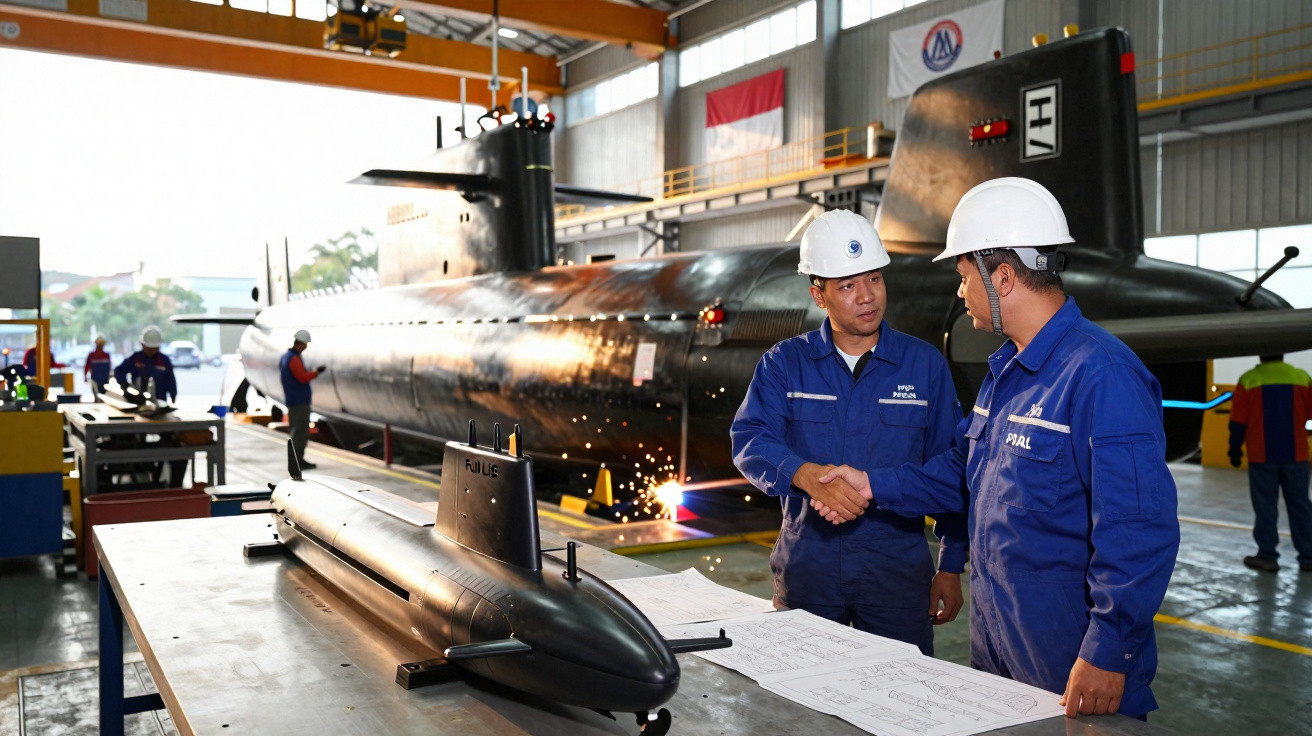 Zwei Arbeiter in Schutzhelmen schütteln sich die Hand in einer Werft mit Modell und großem U-Boot im Hintergrund.