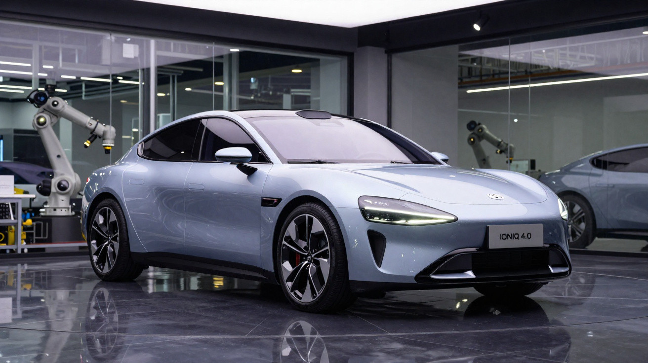 Silberner Elektrowagen Hyundai IONIQ 4.0 in modernem Ausstellungsraum mit grauem Boden und Wandspiegel.