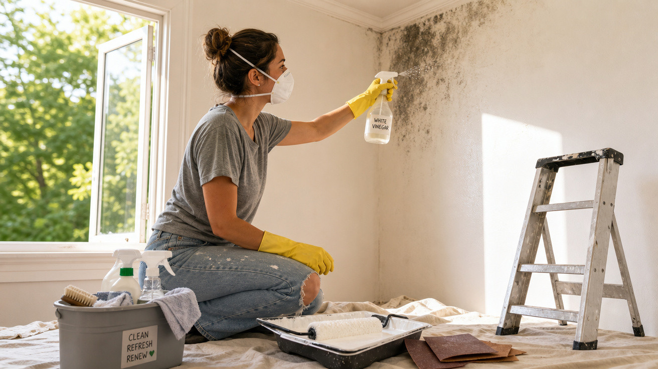 Frau mit Maske und Handschuhen entfernt Schimmel an Wand mit Weissweinessig-Spray in hellem Zimmer.