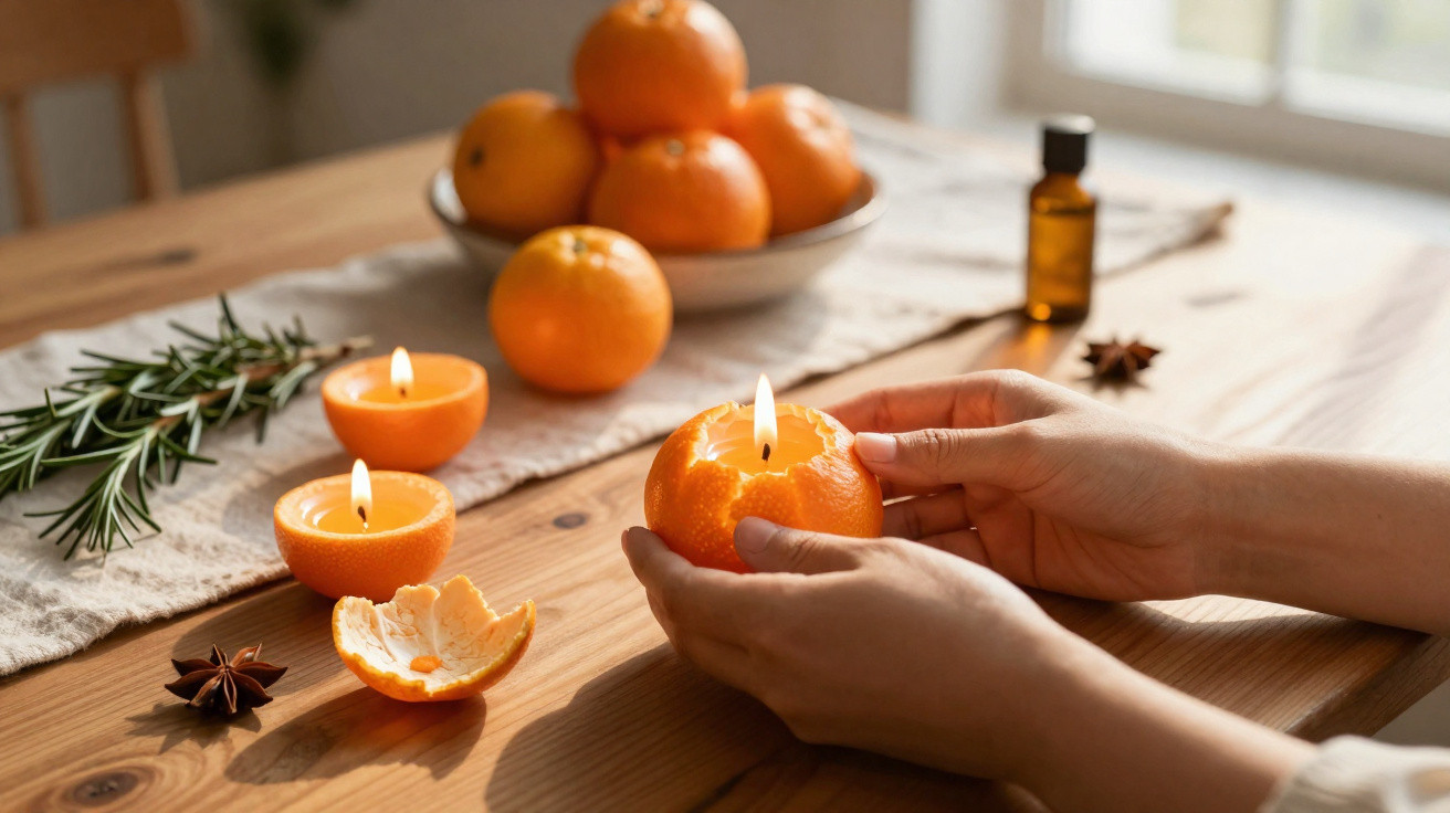 Hände halten eine brennende Mandarinenkerze, weitere Mandarinen und Rosmarin liegen auf einem Holztisch.