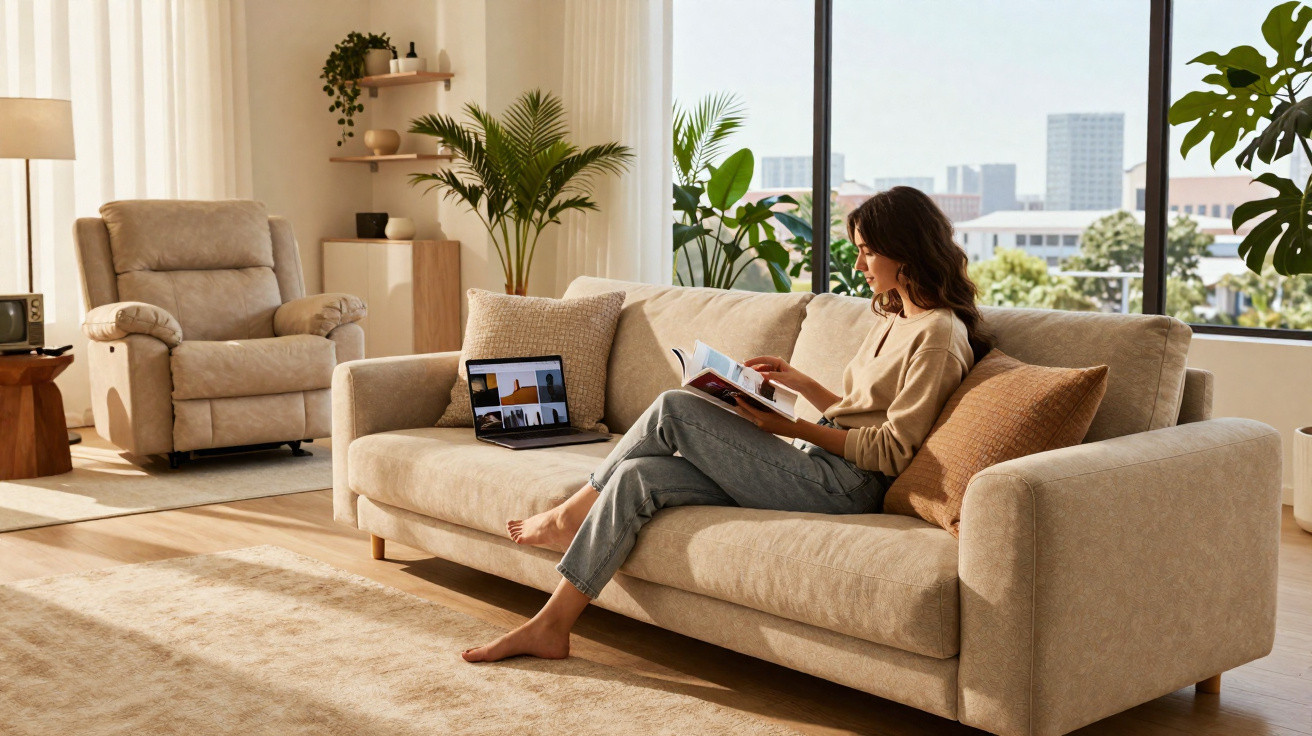 Frau sitzt barfuss auf beigem Sofa, liest Buch, Laptop mit Videokonferenz auf Tisch, helle, moderne Wohnung mit Pflanzen.