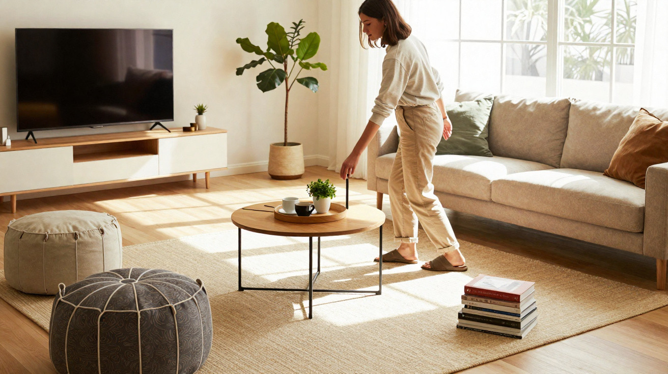 Frau richtet den Couchtisch in hellem Wohnzimmer mit Sofa, Fernseher, Pflanzen und Teppich her.