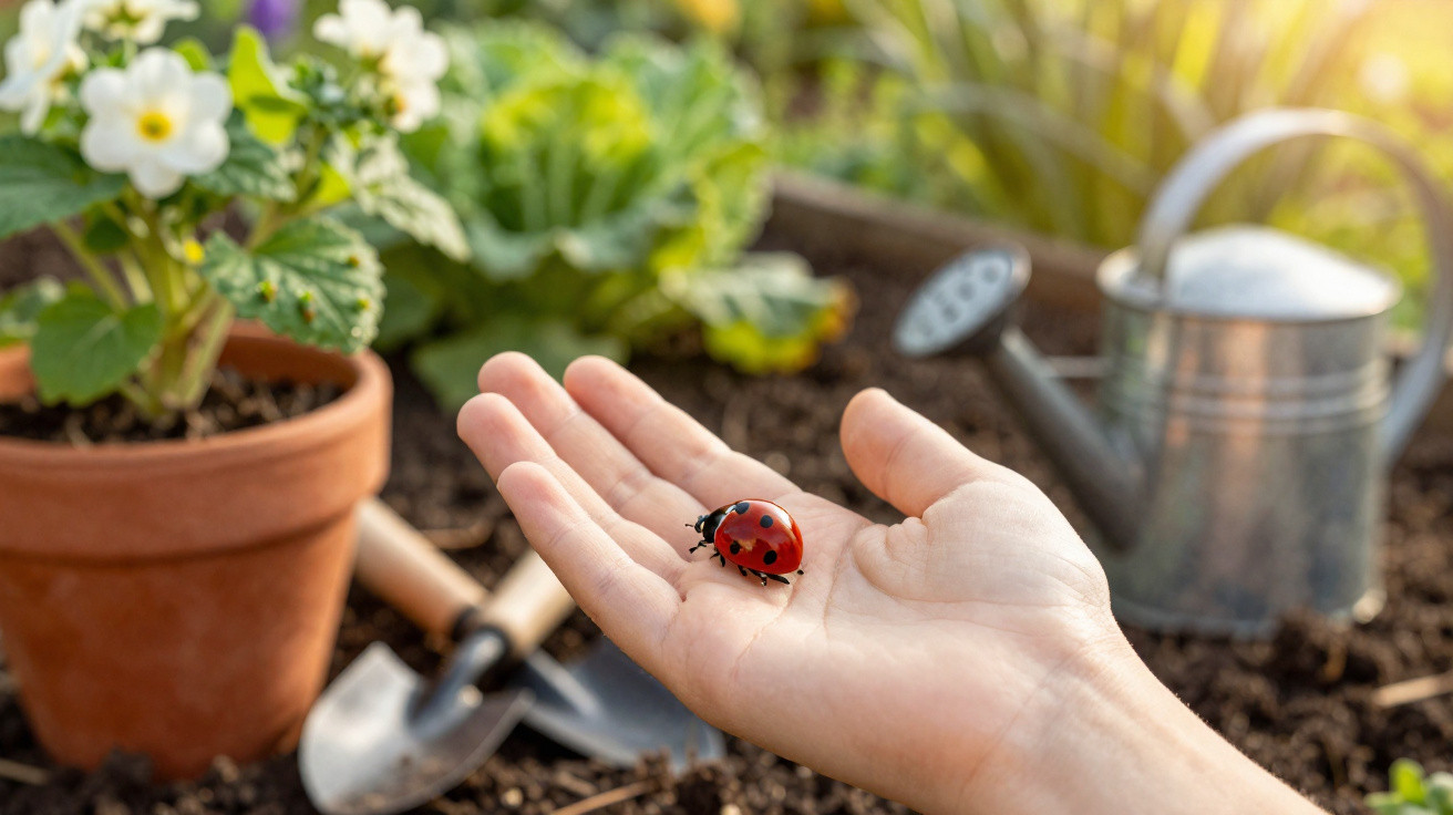Marienkäfer sitzt auf geöffneter Hand vor Topfpflanze, Gartengeräten und Giesskanne im Gartenboden.