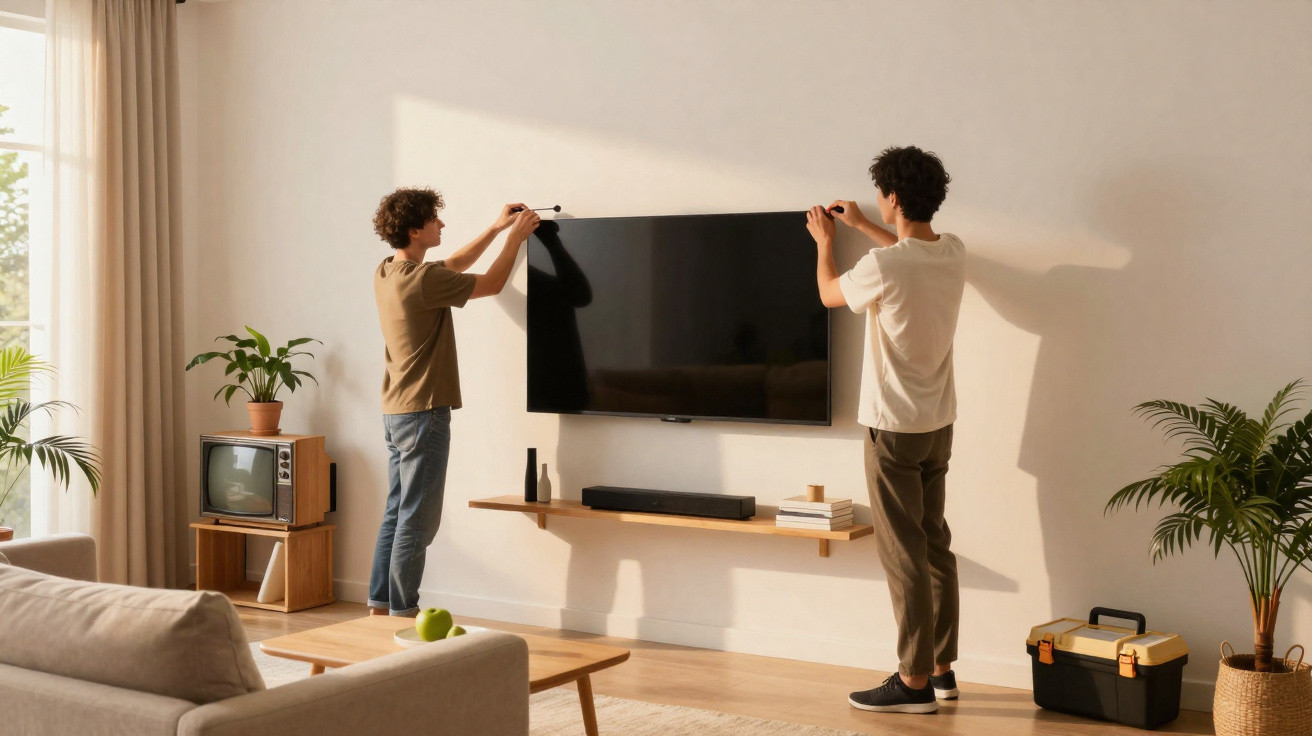 Zwei Männer hängen gemeinsam einen Flachbildfernseher in einem hellen Wohnzimmer auf.