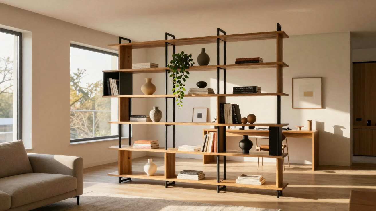 Helles Wohnzimmer mit moderner Holzregaltrennung, dekorativen Vasen, Büchern und Pflanzen neben Sofa und Schreibtisch.