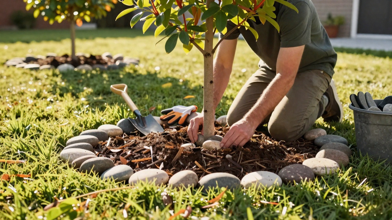 Person kniet im Garten und pflegt einen jungen Baum, umgeben von Steinen und Gartengeräten bei Sonnenschein.