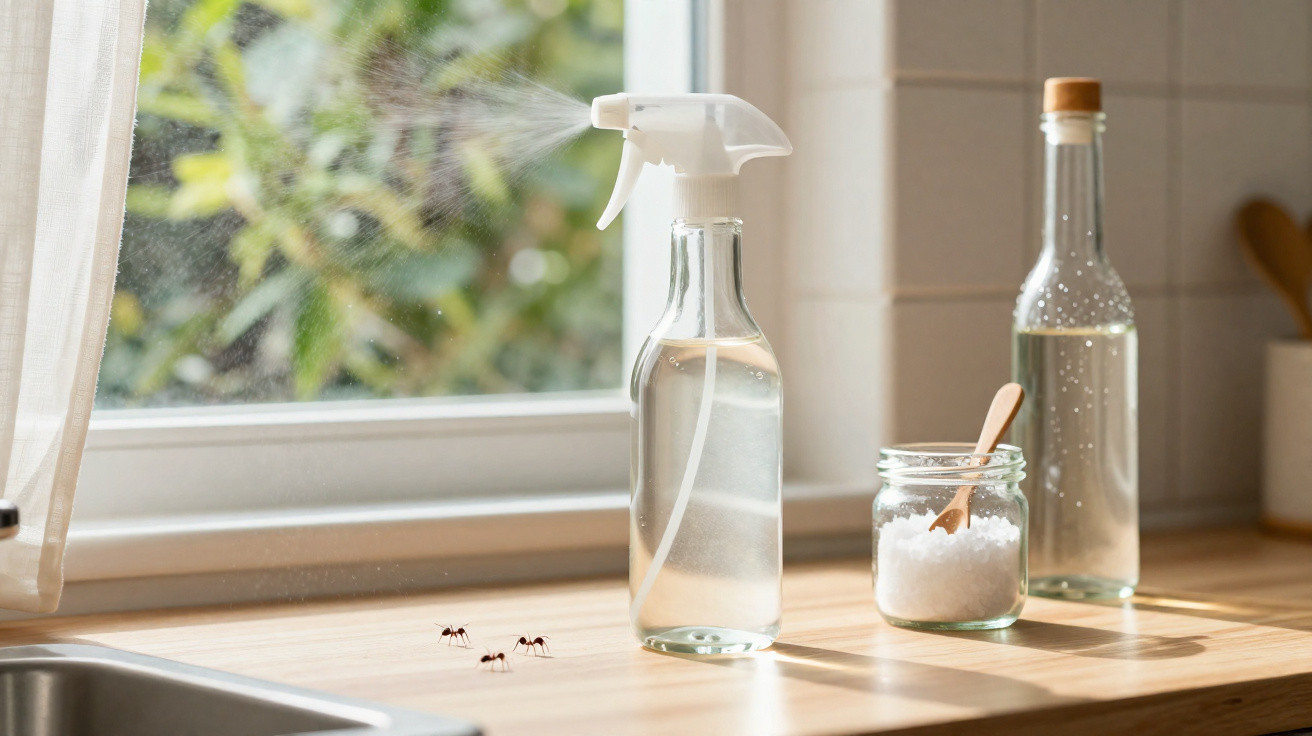 Sprühflasche mit Wasser gegen Ameisen neben Glas mit Salz und Klarglasflasche auf Küchenarbeitsplatte.