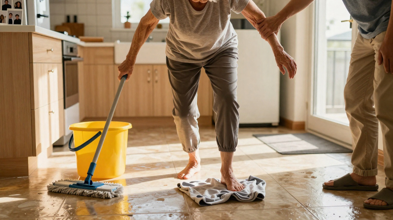 Seniorin rutscht auf nassem Boden, wird von Person in Küche gestützt, Wischtuch und Wischmopp sichtbar.