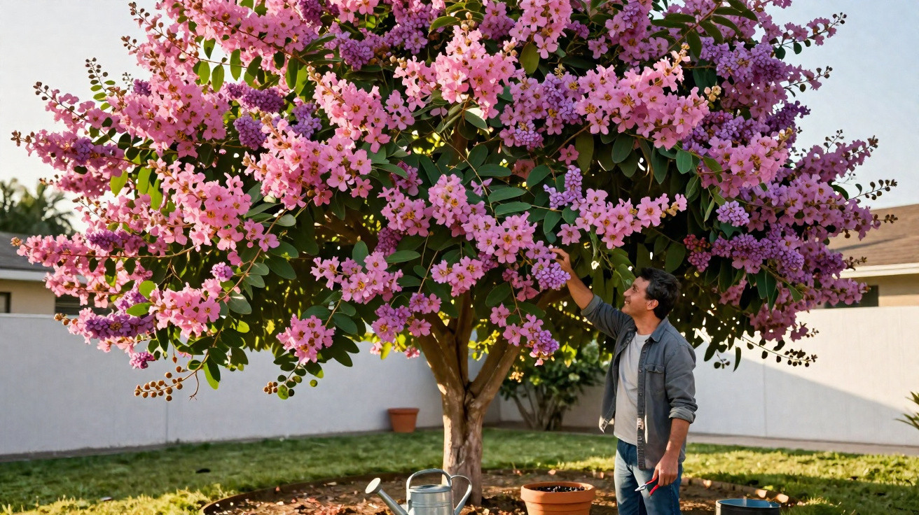 Mann pflegt blühenden Baum mit pinken Blüten im Garten, umgeben von Blumenkübeln und Giesskanne.