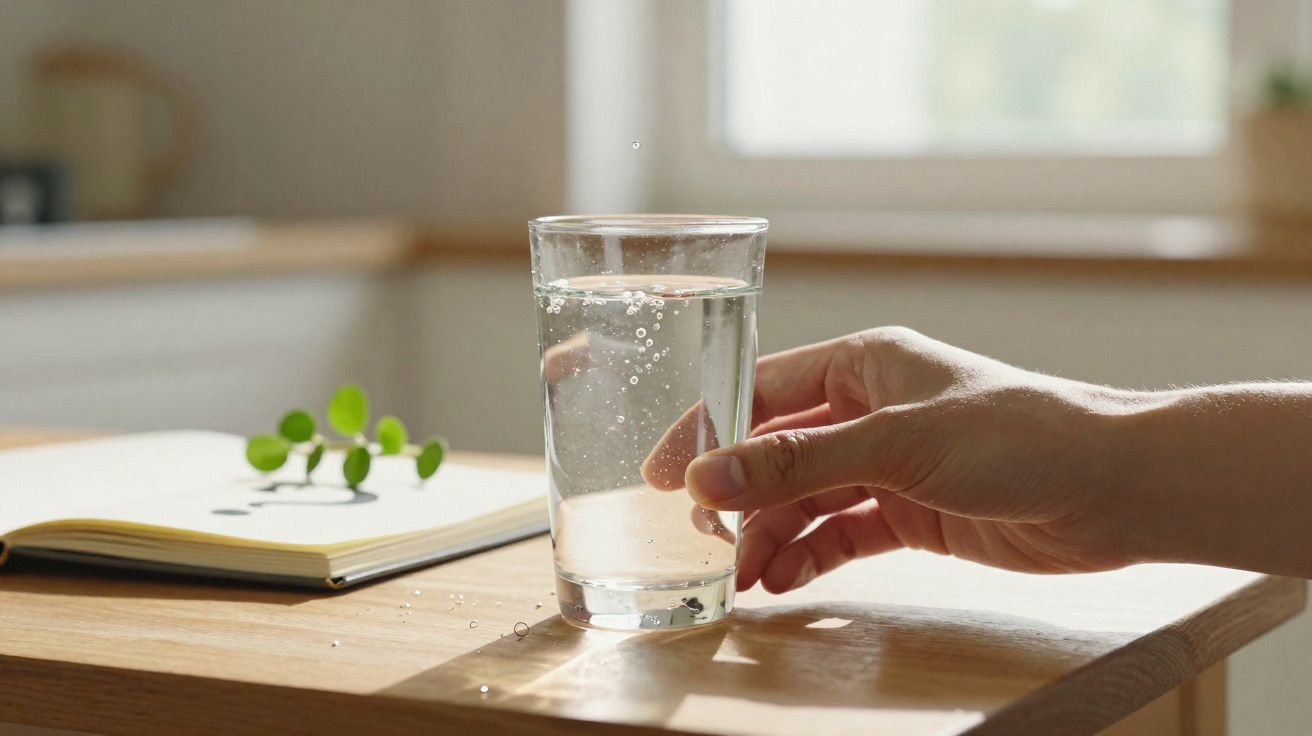 Hand greift nach einem Glas Wasser auf hellem Holztisch neben offenem Notizbuch mit Pflanze.