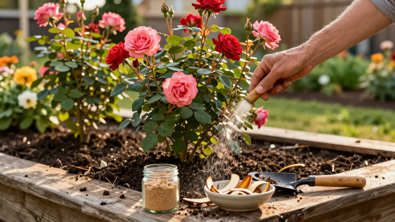Hand bestreut Rosendünger auf einen Rosenstrauch in einem Hochbeet im Garten.