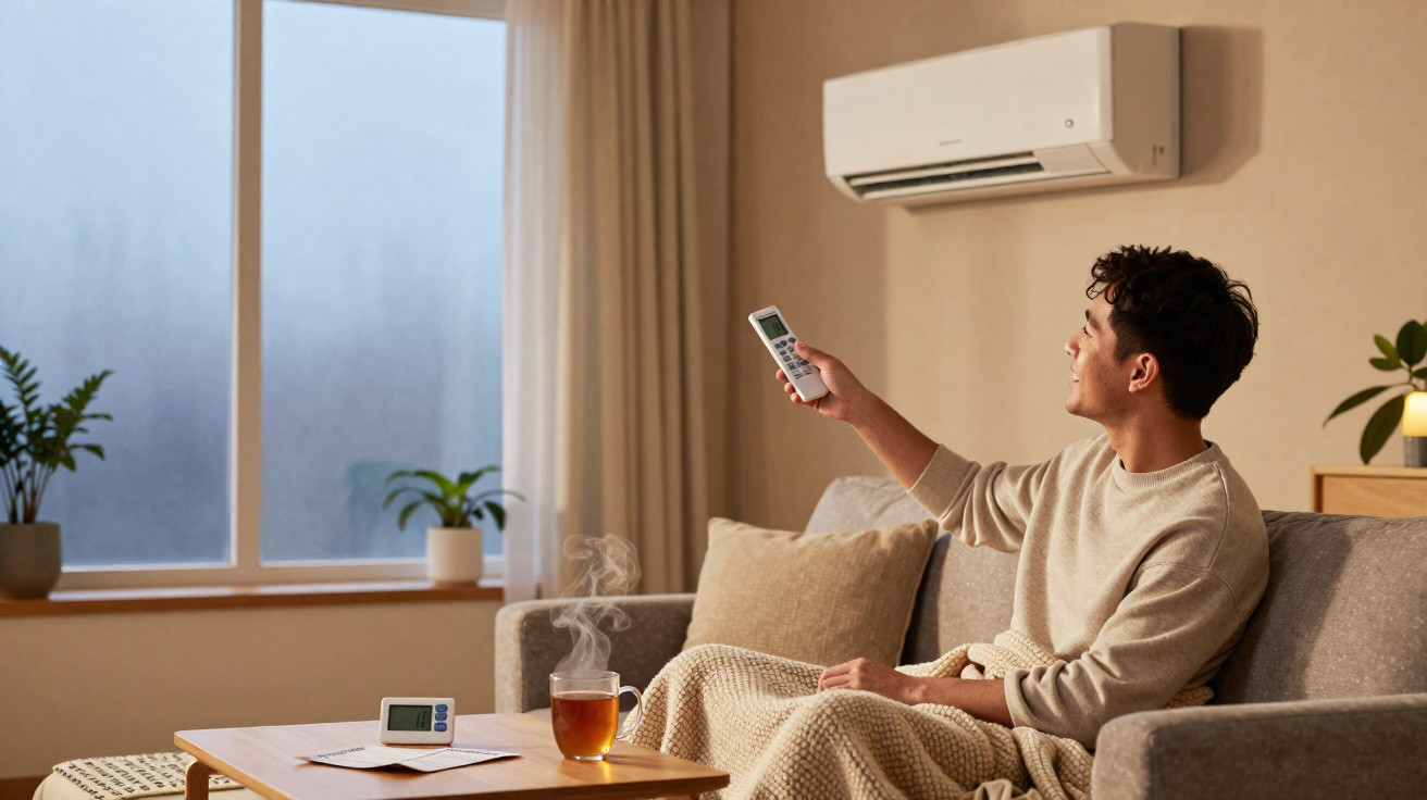 Mann sitzt mit Decke auf Sofa und bedient Klimaanlage mit Fernbedienung, dampfender Tee auf Tisch.