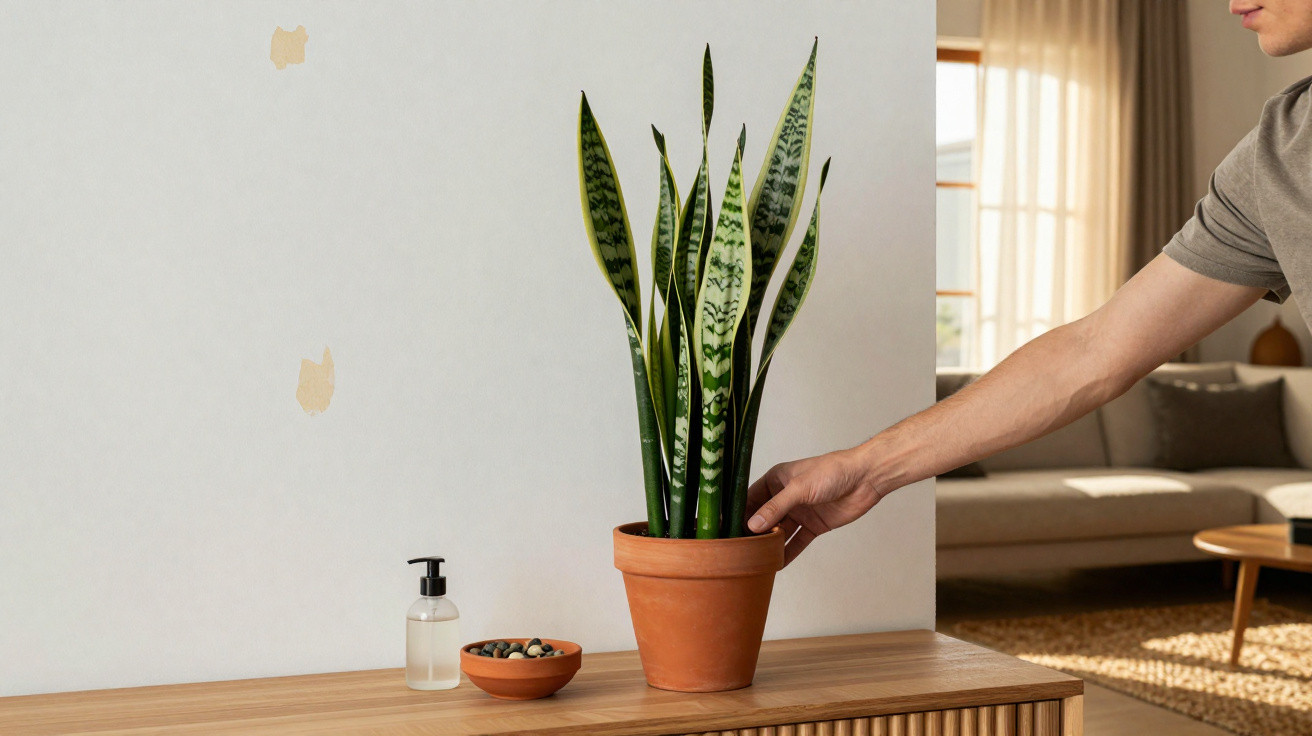 Hand stellt Sansevieria-Pflanze in Terrakottatopf auf Holzkommode neben Seifenspender und Schale mit Steinen.