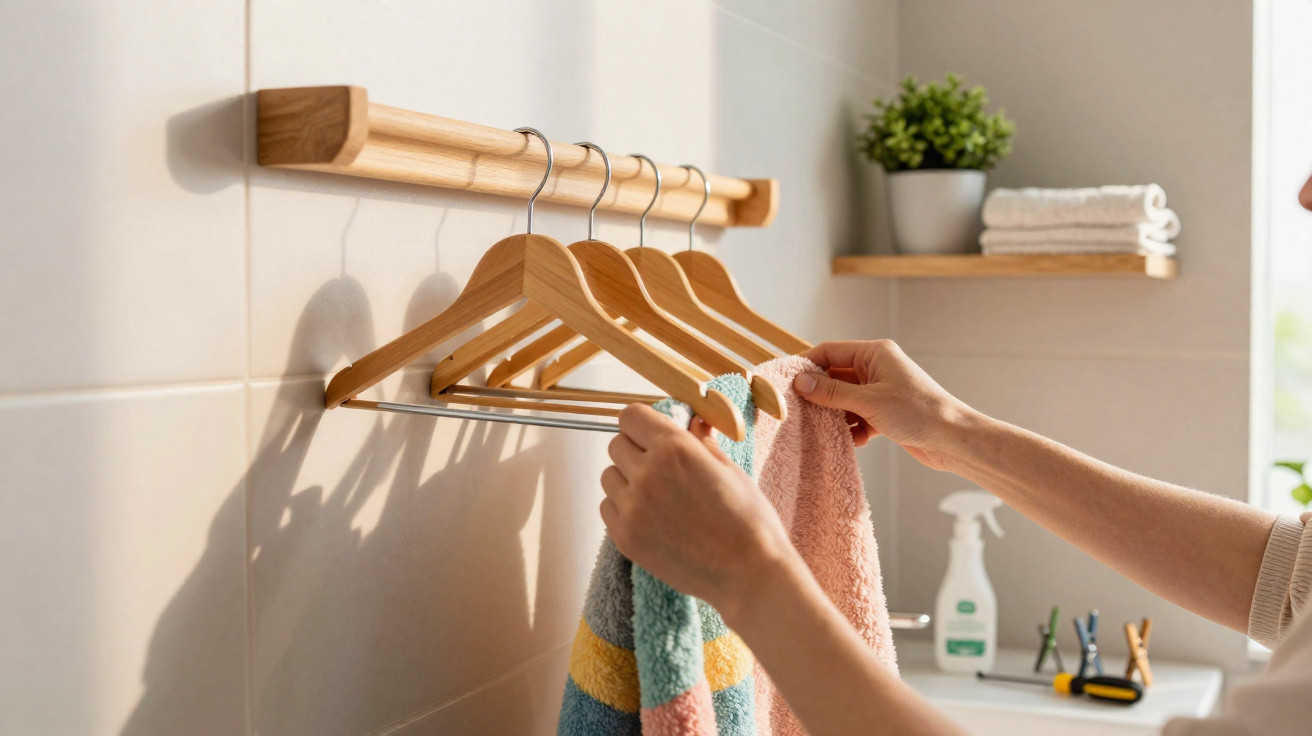 Hände hängen farbige Handtücher an hölzerne Kleiderbügel in einem hellen Badezimmer auf.