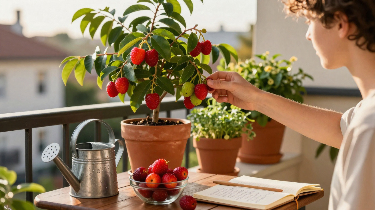 Person pflückt Früchte von einem Arbutus unedo Baum auf einem Balkon bei Sonnenlicht.
