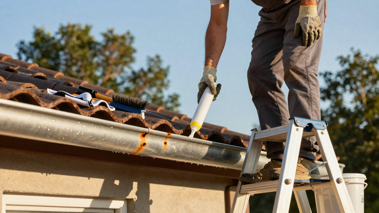 Handwerker dichtet Dachrinne mit Silikon ab, steht auf Leiter, sonniger Tag, Häuserdach mit Ziegeln im Hintergrund.