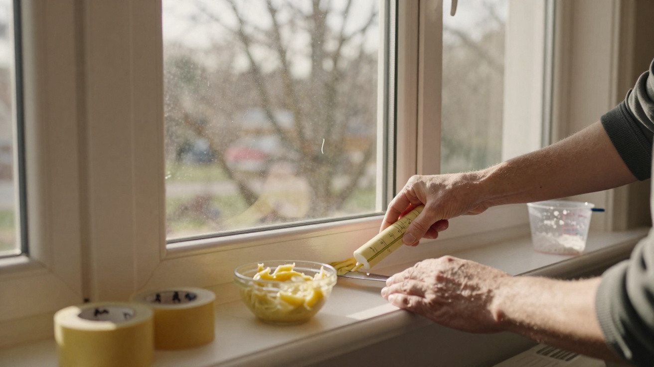 Person trägt Gel auf Fensterdichtung auf, daneben Klebeband und kleine Schale mit Gel auf Fensterbank.