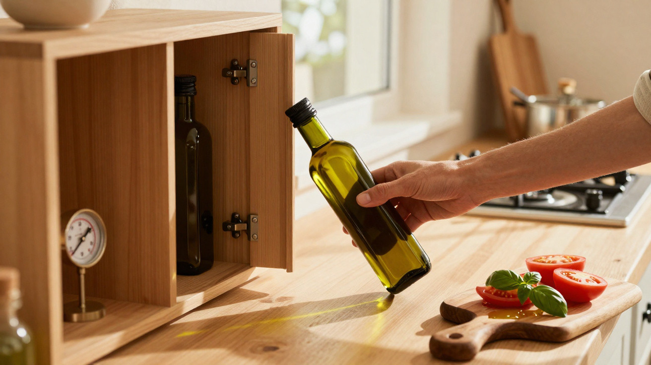 Hand nimmt eine Flasche Olivenöl aus offenem Holzschrank in moderner Küche mit frischen Tomaten auf Schneidebrett